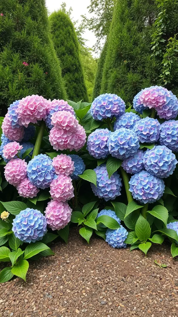 A colorful display of blue and pink hydrangeas in a garden, surrounded by green foliage.