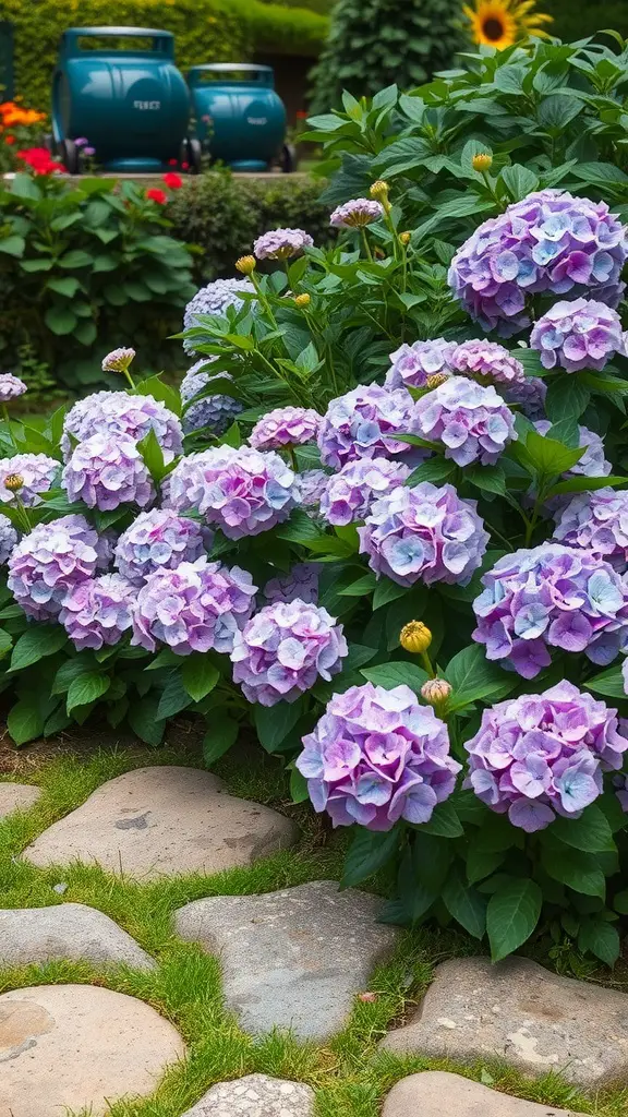 A garden with purple and blue hydrangea flowers surrounded by stones.