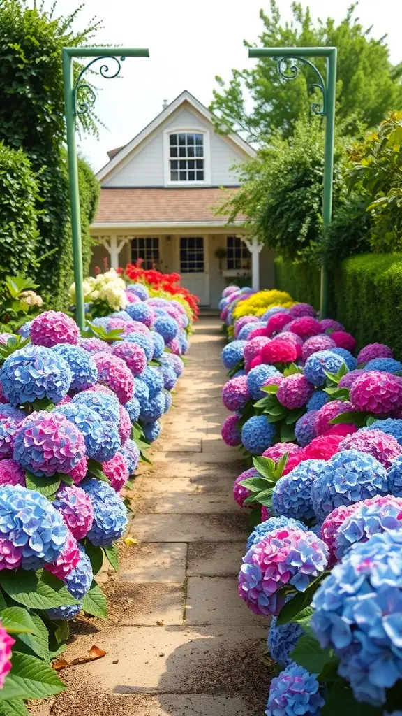 A beautiful garden pathway lined with colorful hydrangeas in shades of blue, pink, and purple, leading to a charming house.