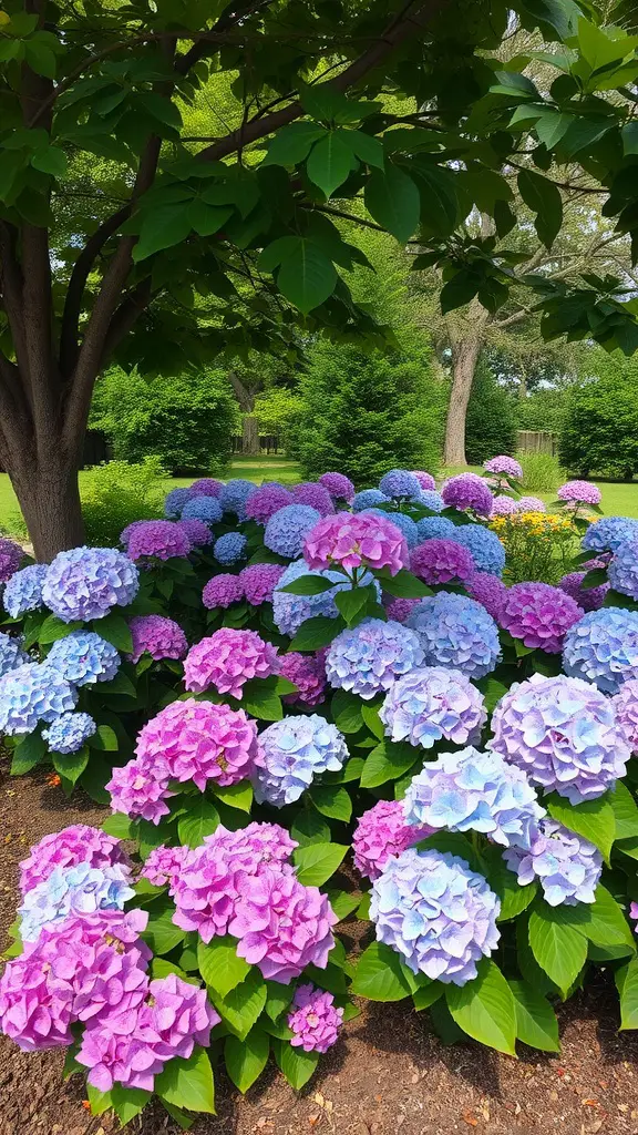 A vibrant cluster of blue and pink hydrangeas in a shaded garden under a tree