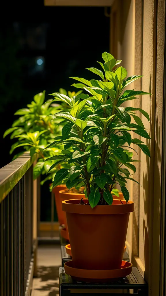 Illuminated plant pots on a balcony at night