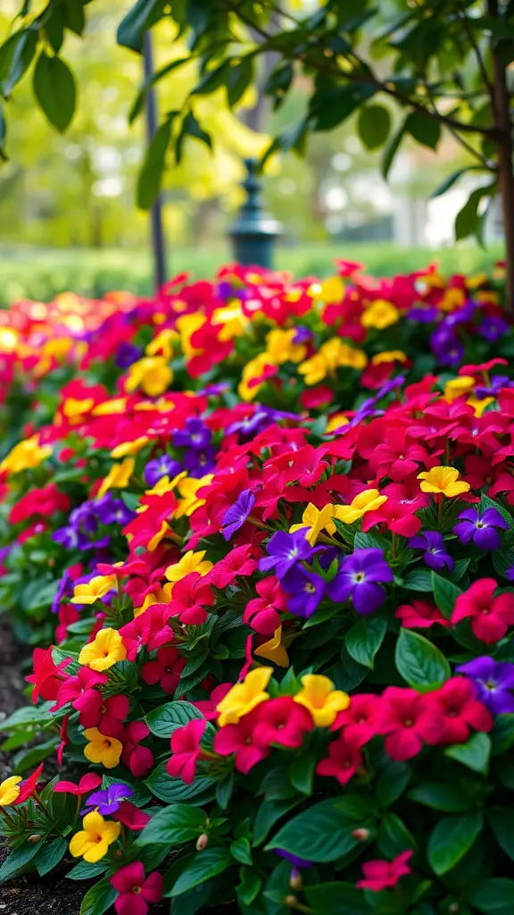 34 Gorgeous Shade Garden Plants for a Lush Landscape 18 Colorful impatiens flowers in shades of red, yellow, and purple blooming in a garden