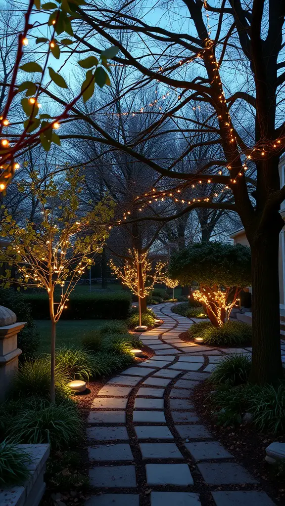 A beautifully lit garden pathway with string lights along trees and ground lights illuminating the path.