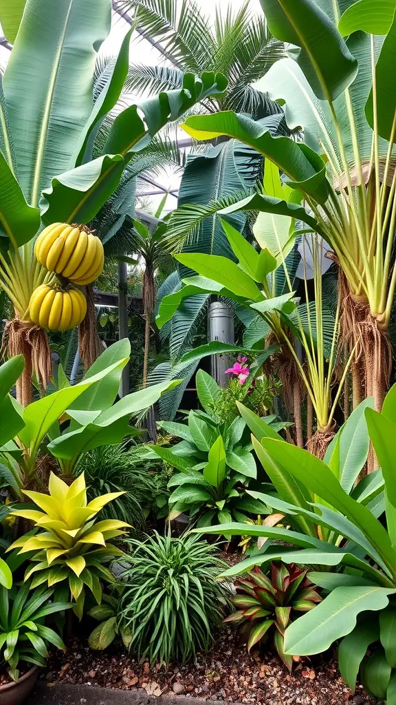 31 Stunning Tropical Garden Design Ideas for Your Backyard 10 A lush tropical garden featuring banana plants, vibrant green leaves, and various edible plants.
