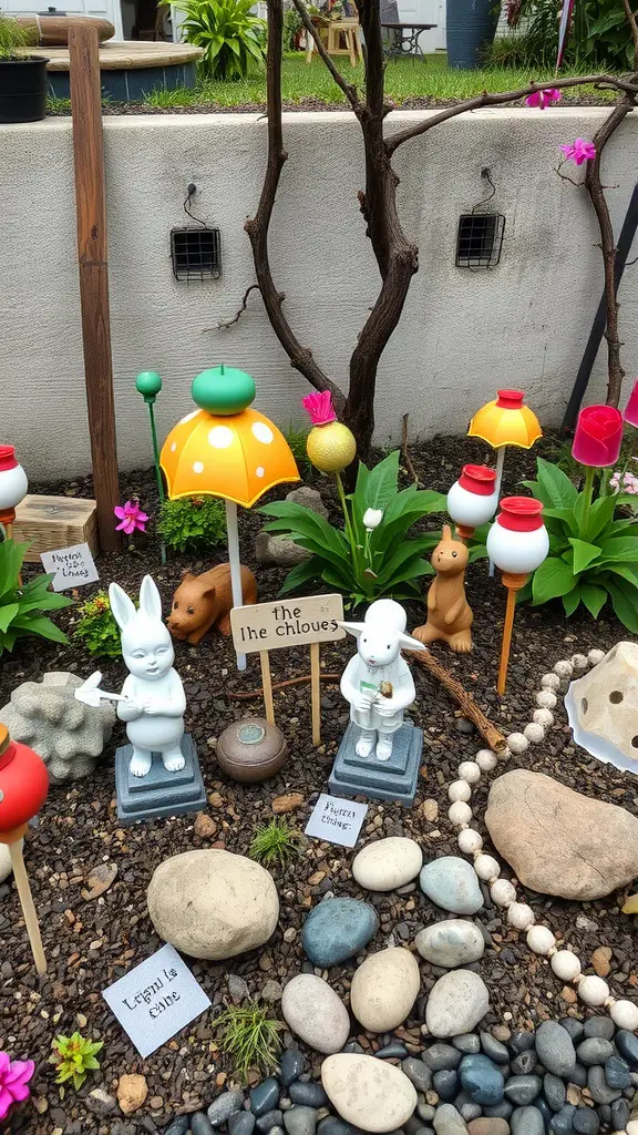 A small garden featuring colorful decorations, including mushroom lights, bunny figurines, and pebbles.