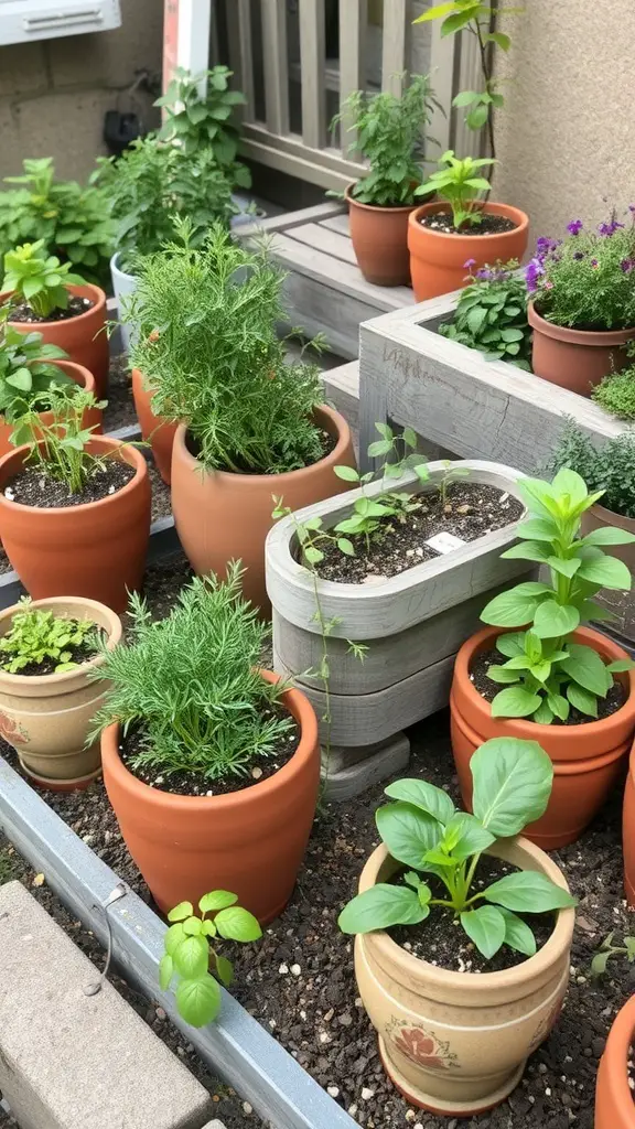 A variety of herbs in terracotta pots arranged in a small garden space.