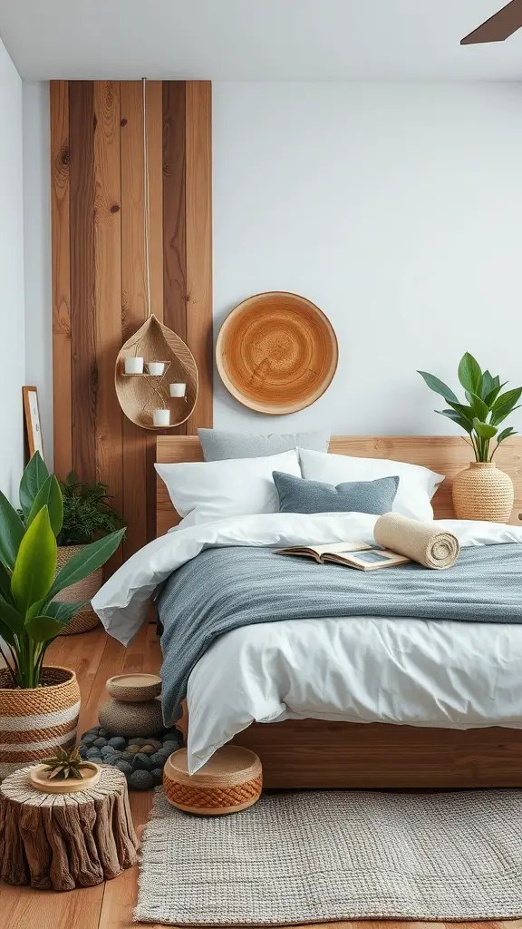 A cozy bedroom with plants, wooden elements, and warm textures.