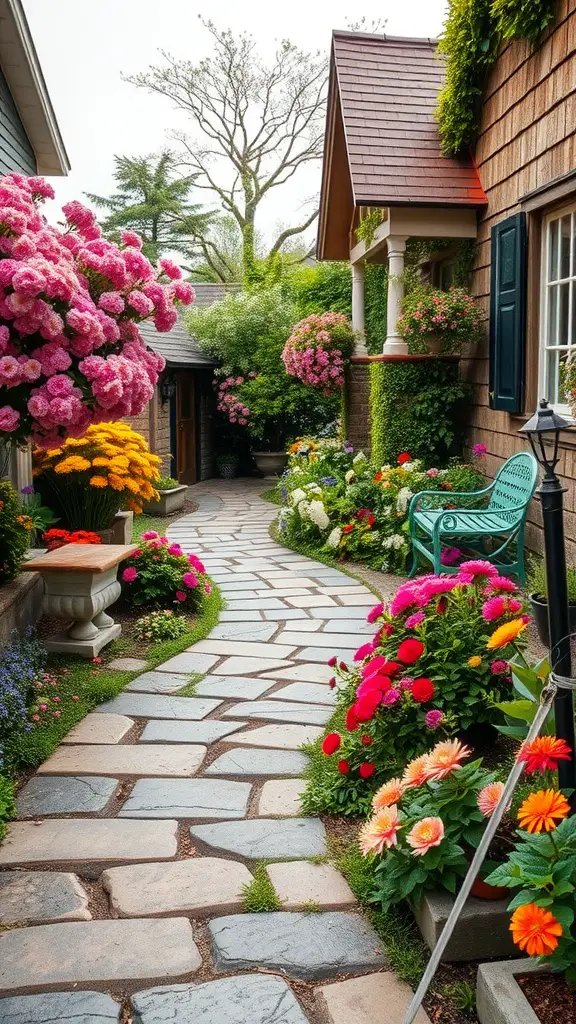 23 Stunning Cottage Garden Design Ideas for a Charming Outdoor Space 5 A charming cottage garden pathway lined with colorful flowers and greenery.