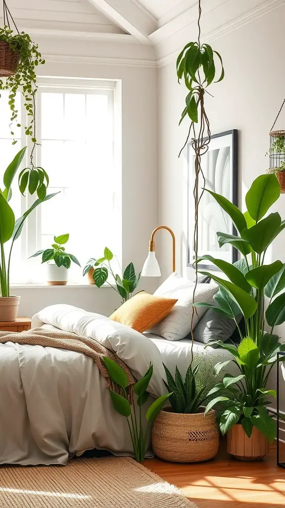 A cozy bedroom filled with various plants, showcasing a comfortable bed and natural decor.