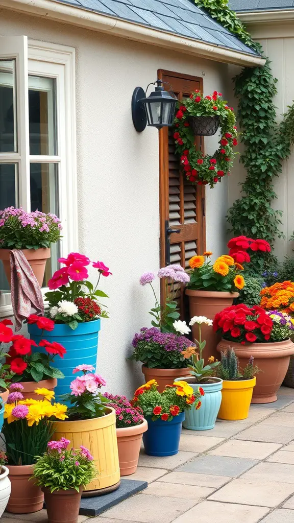 23 Stunning Cottage Garden Design Ideas for a Charming Outdoor Space 19 Colorful cottage garden with a variety of flowering plants in pots beside a house.
