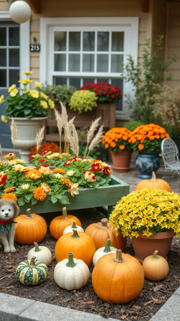 A small garden decorated for fall with pumpkins and colorful flowers.