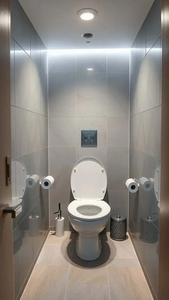 A modern small toilet room with sleek design and smart technology features.