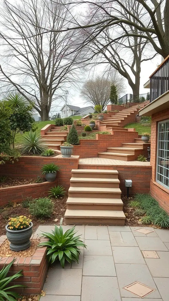 A view of a sloped backyard with multiple steps and terraces, featuring lush greenery and decorative plants.
