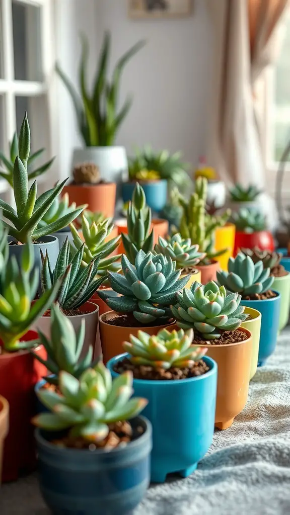 A collection of colorful succulent plants in various pots arranged on a table.