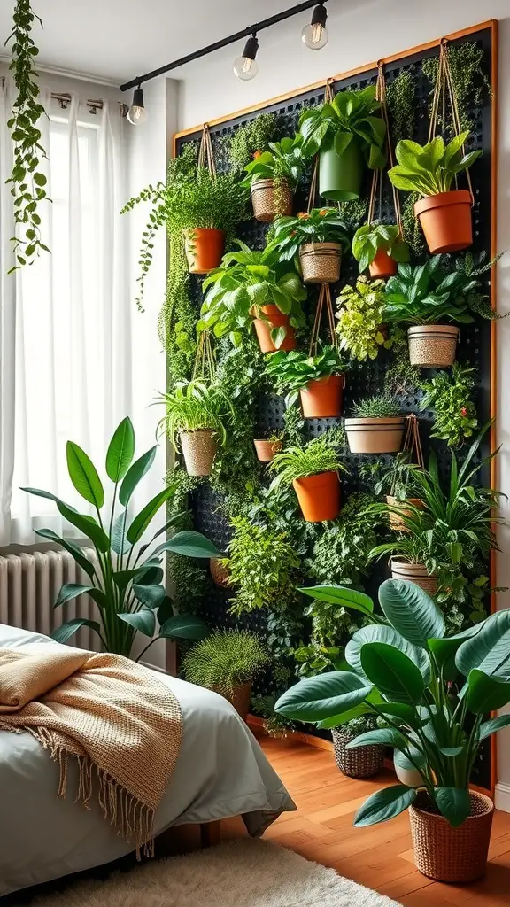 A stylish bedroom featuring a vertical garden with various potted plants.