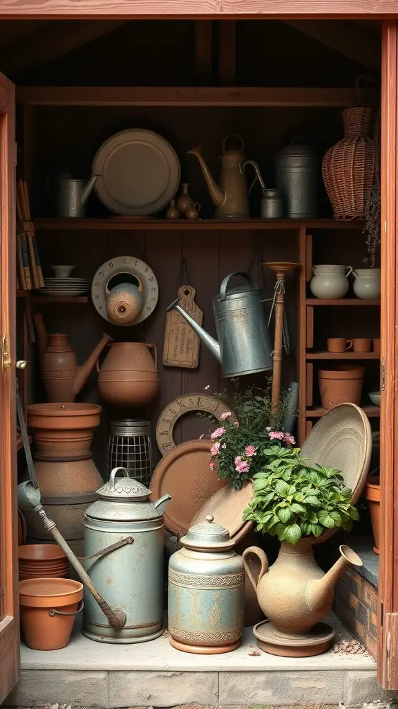 23 Stylish Potting Shed Interior Ideas for a Modern Touch 11 Interior of a potting shed filled with vintage gardening tools, pots, and plants.