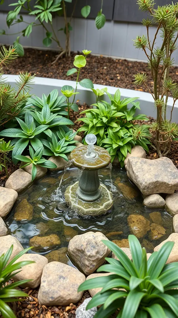 A small garden featuring a fountain surrounded by green plants and stones.