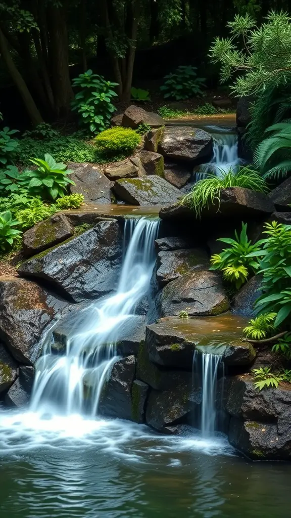 A serene waterfall flowing over rocks surrounded by lush greenery in a sloped backyard.