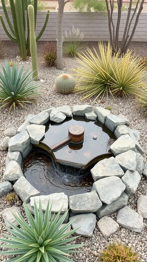 27 Stunning Ideas for Your Desert Garden Oasis 14 A small pond surrounded by desert plants and rocks in a garden setting