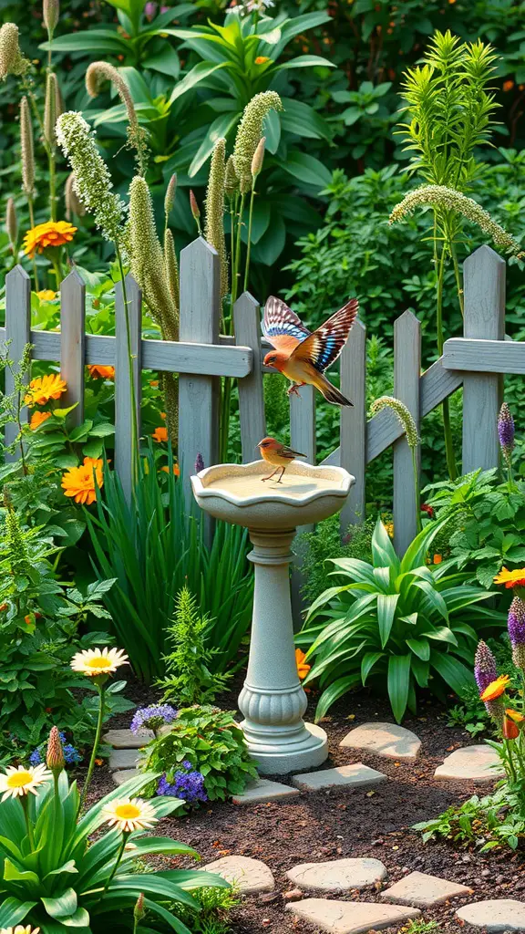 23 Stunning Cottage Garden Design Ideas for a Charming Outdoor Space 17 A vibrant cottage garden with a birdbath, colorful flowers, and lush greenery.