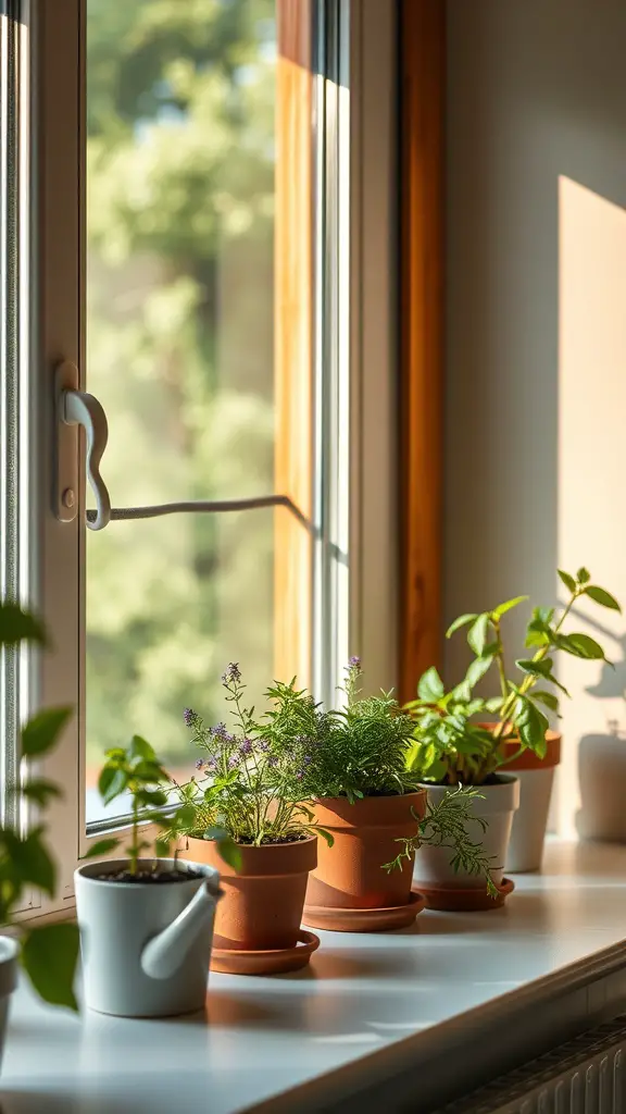 Indoor herb garden on a windowsill with various potted plants.