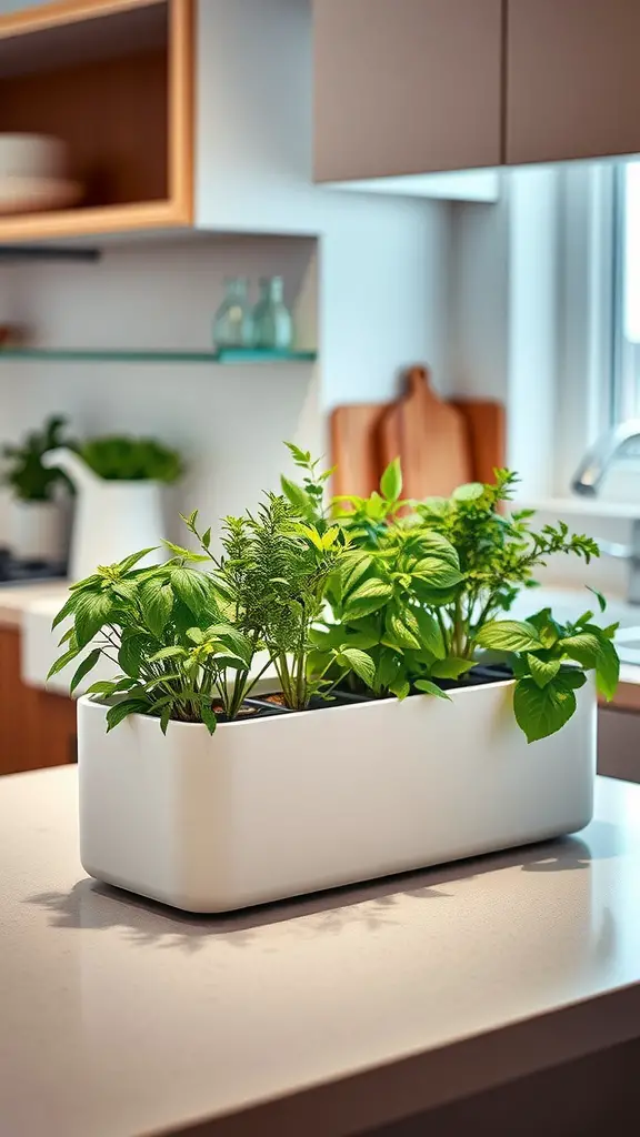 31 Creative Herb Garden Ideas for Every Space 6 A modern indoor herb garden kit with various herbs in a sleek white planter on a kitchen counter.