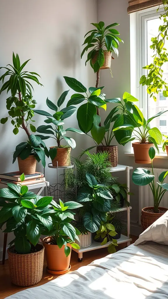 A cozy bedroom corner filled with various indoor plants in pots, brightening up the space.