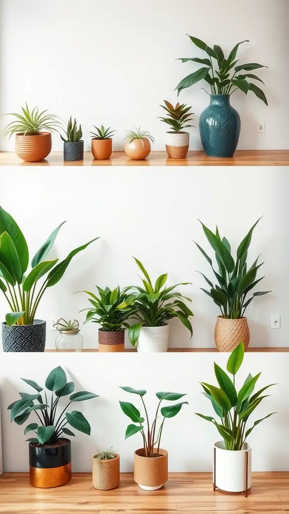 27 Stunning Indoor Plants to Brighten Your Space 18 A variety of indoor plants arranged on shelves, showcasing different styles and pots.