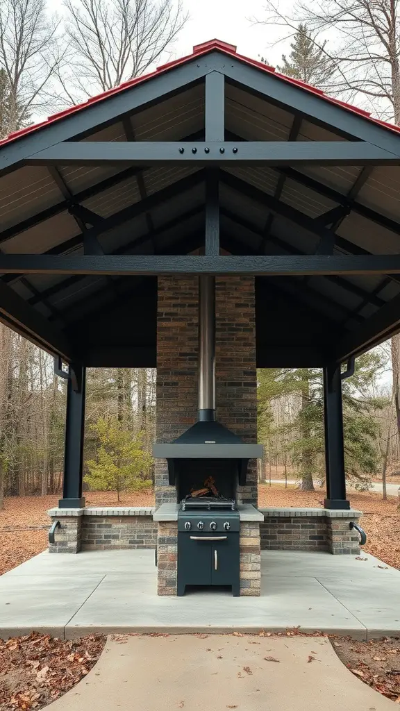 A stylish industrial chic outdoor pavilion with a stone fireplace and red roof