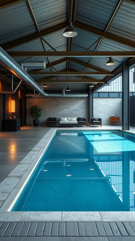 An indoor industrial style swimming pool area with high ceilings, metal beams, and modern furniture.