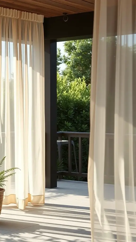 Soft outdoor curtains gently blowing in the breeze, with a view of greenery beyond.