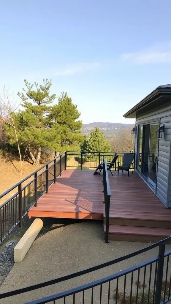 A deck designed in a sloped backyard, featuring railings and a view of the landscape.