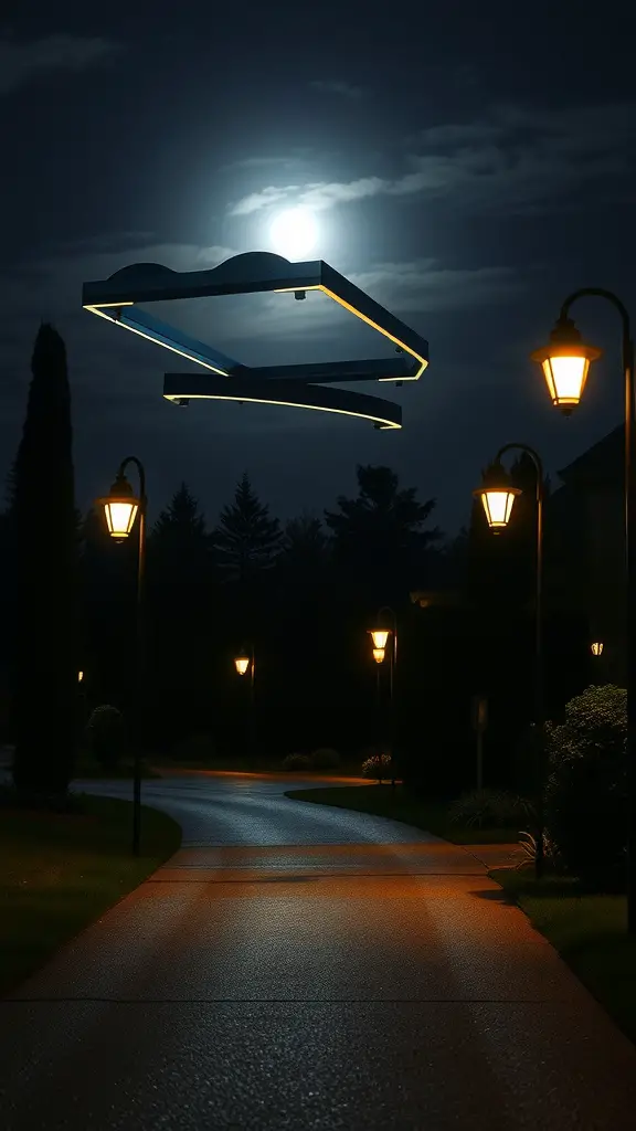 19 Creative Driveway Ideas to Enhance Your Curb Appeal 11 A beautifully lit driveway at night featuring traditional lamp posts and a unique overhead lighting structure.