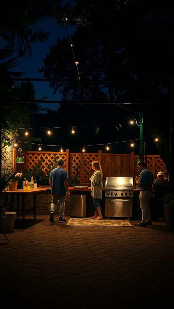35 Creative Backyard Kitchen Ideas for Outdoor Cooking Enthusiasts 13 A cozy backyard kitchen lit up with string lights, featuring people gathered around a grill.