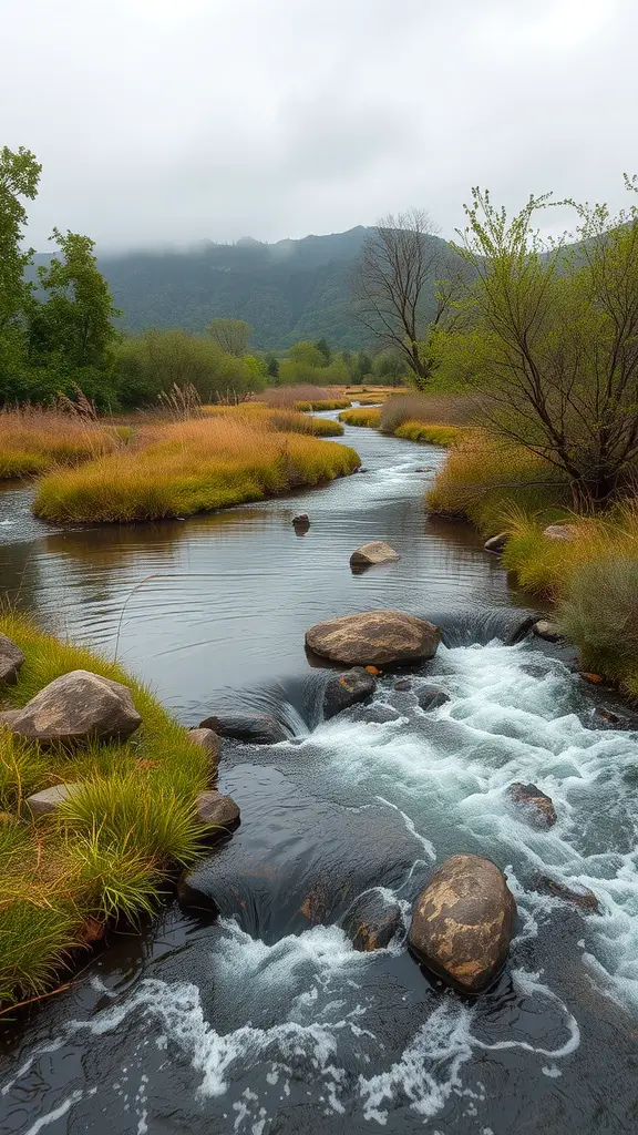 A serene stream flowing through a lush landscape with rocks and greenery