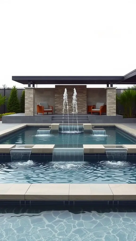 33 Creative Backyard Pool and Patio Ideas for Your Dream Outdoor Space 13 A backyard pool with integrated water features including fountains and cascading waterfalls.