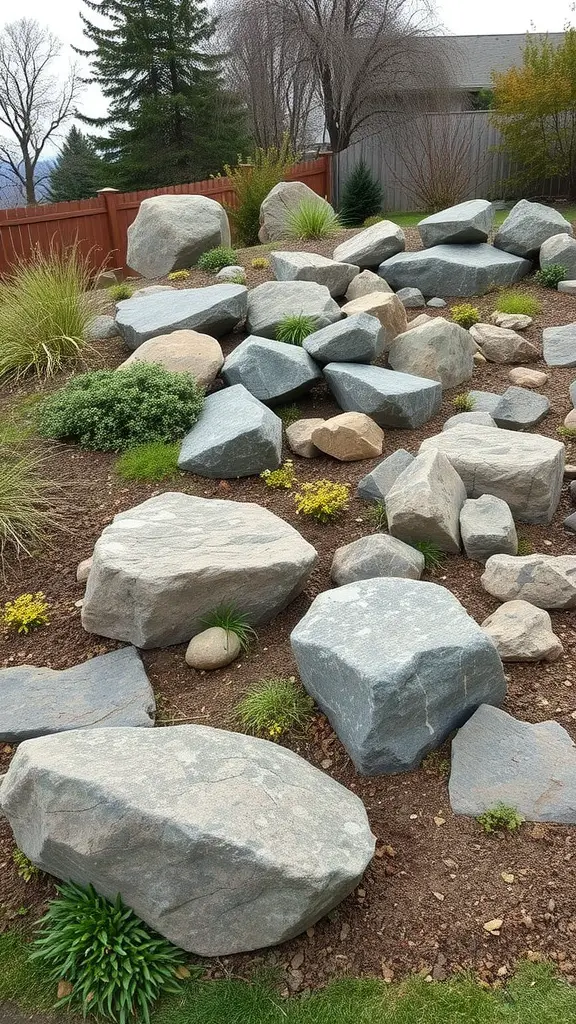 A sloped backyard featuring various boulders and greenery.