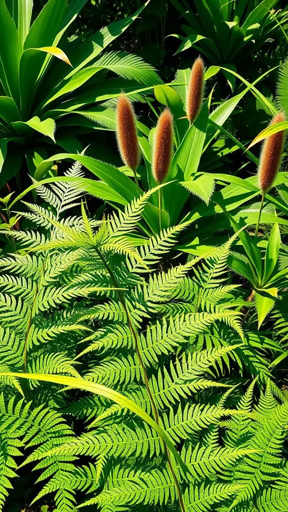 A lush arrangement of foxtail ferns with tropical plants in the background.