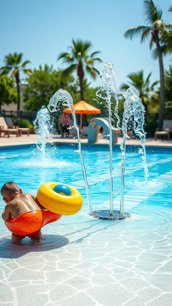 33 Creative Backyard Pool and Patio Ideas for Your Dream Outdoor Space 34 A child playing in a pool with water jets, wearing an inflatable ring.