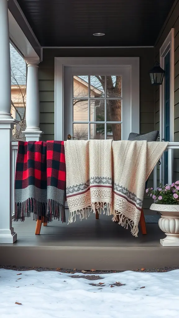 27 Cozy Front Porch Ideas for a Welcoming Home 2 Blankets hung over railings on a cozy front porch with a view of snow.