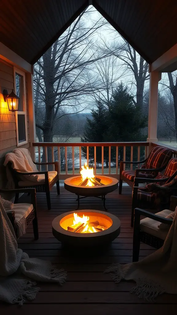 21 Creative Outdoor Front Porch Ideas for a Cozy Welcome 23 Cozy front porch with two fire pits, chairs, and blankets, set against a backdrop of trees.