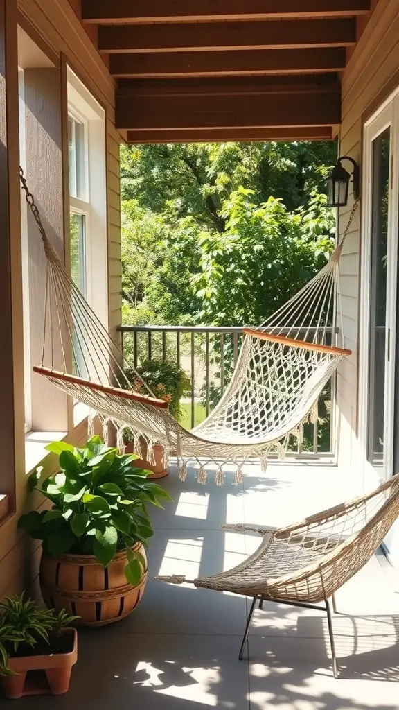 A cozy front patio with two hammocks and plants, perfect for relaxation.