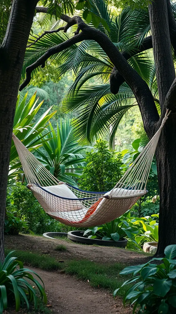 A serene hammock hanging between trees surrounded by vibrant plants