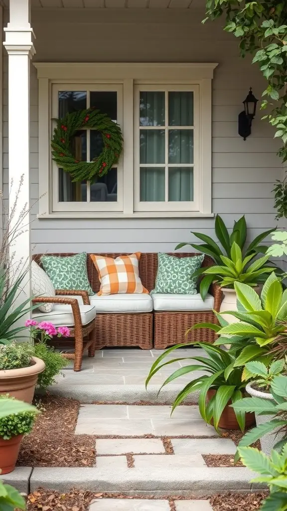 27 Stunning Front Garden Ideas to Transform Your Curb Appeal 2 A cozy outdoor seating area featuring a wicker sofa with colorful cushions, surrounded by potted plants and a stone pathway.