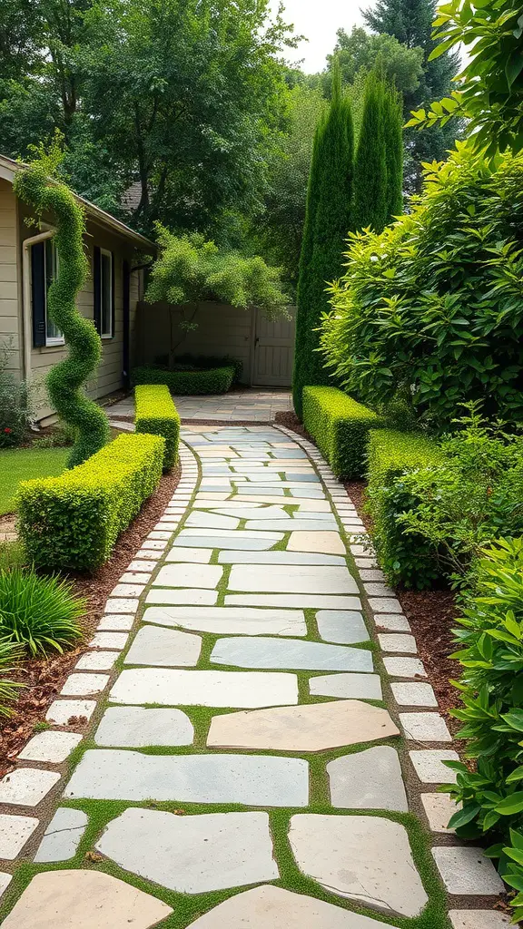 25 Stunning Front Yard Landscaping Ideas to Elevate Your Curb Appeal 2 Stone pathway lined with hedges in a landscaped garden