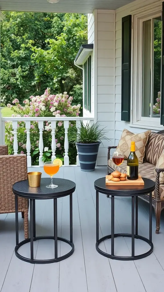 Two stylish black side tables on a cozy front porch, one with a drink and the other with snacks.