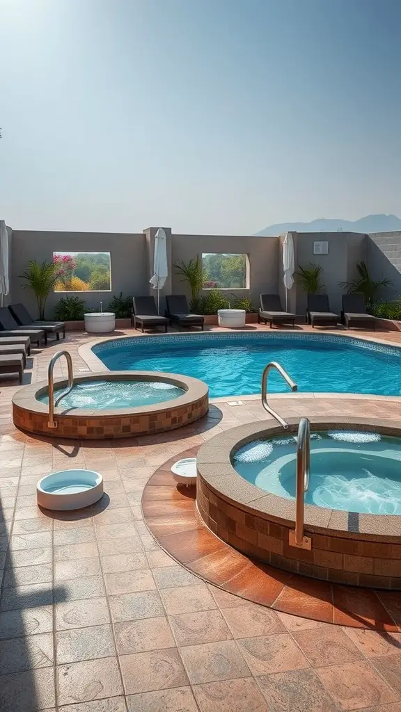 33 Creative Backyard Pool and Patio Ideas for Your Dream Outdoor Space 15 An inviting spa area with two hot tubs beside a pool, surrounded by lounge chairs and potted plants.