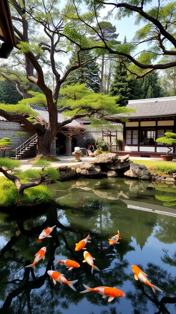 A serene Japanese garden featuring a large tree, koi fish pond, and traditional architecture.