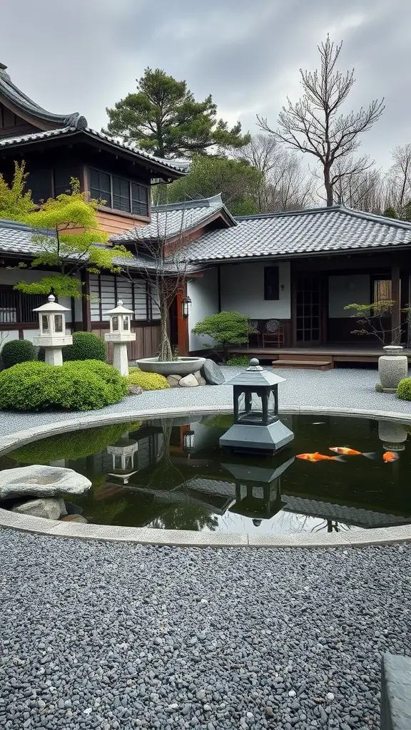 A serene Japanese Zen garden pond featuring koi fish, traditional lanterns, and smooth stones.