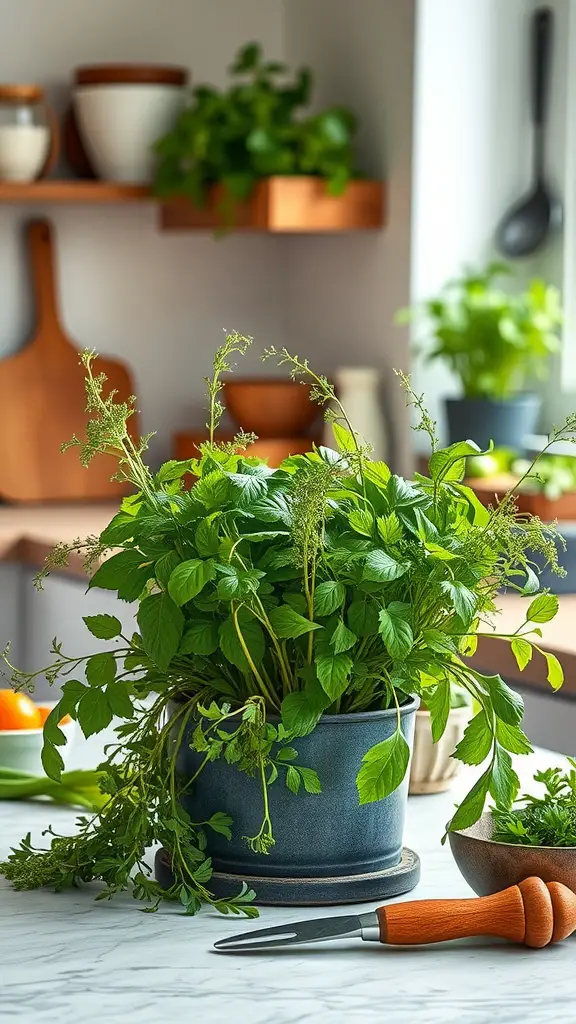 31 Creative Herb Garden Ideas for Every Space 15 A lush herb plant in a kitchen setting, surrounded by kitchenware.